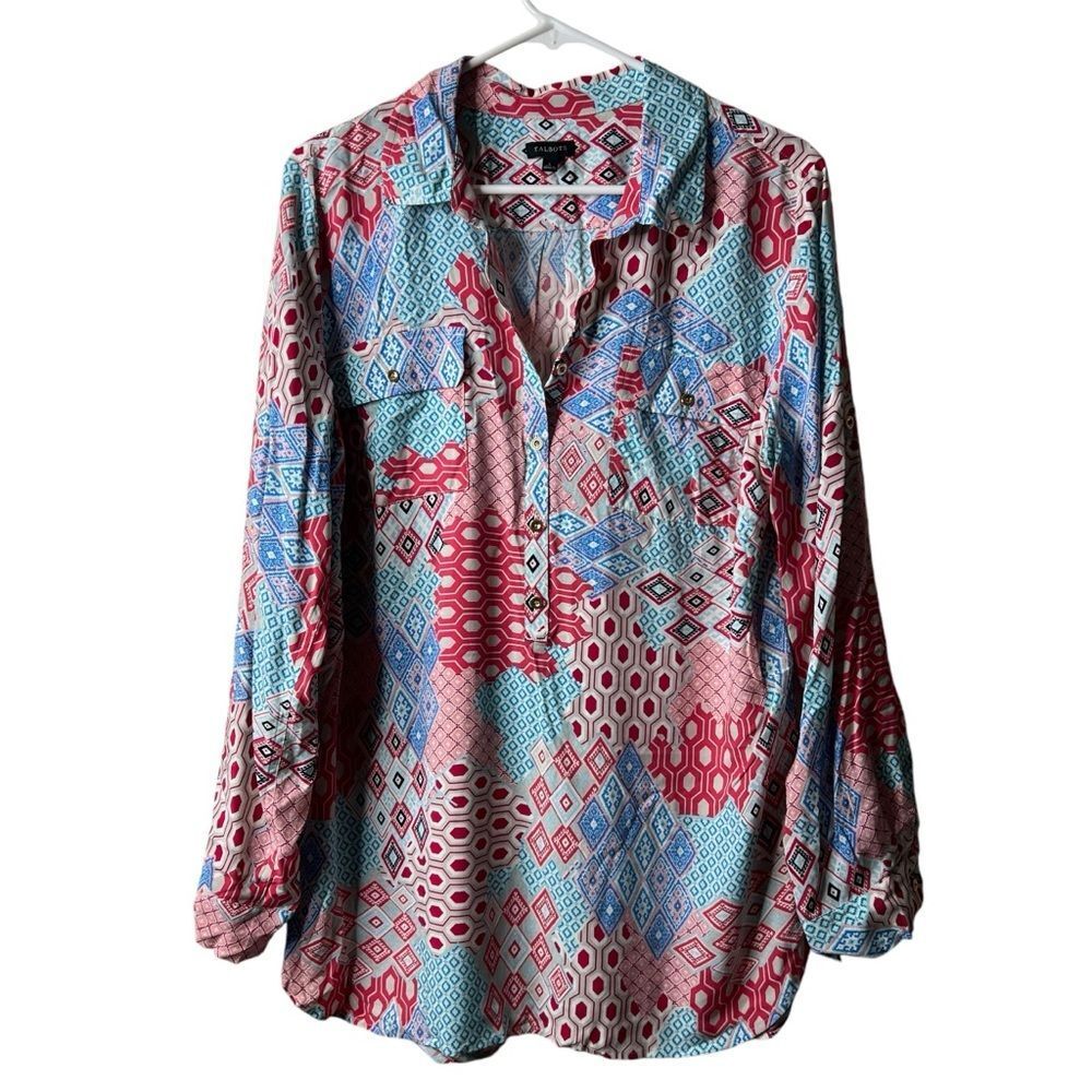 Talbots Pink Blue Patchwork Button Popover Long Sleeve Blouse